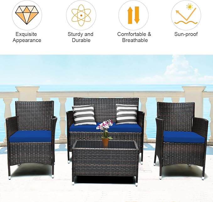 Tangkula 8 PCS Patio Rattan Conversation Set, Outdoor Wicker Furniture Set with Tempered Glass Coffee Table &Thick Cushion, Rattan Chair Wicker Set for Garden, Lawn, Poolside and Backyard (2, Navy)