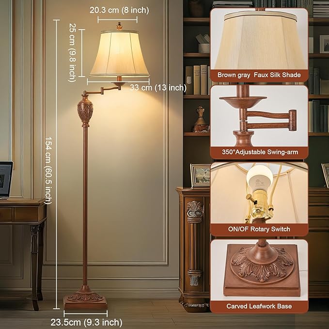 Traditional LED Floor Lamp with 350° Adjustable Swing Arm Lamp – Vintage Standing Pole lamp for Living Room, Bedroom and Office – Rustic Upright Floor Light for Home Décor with Faux Silk Fabric Shade