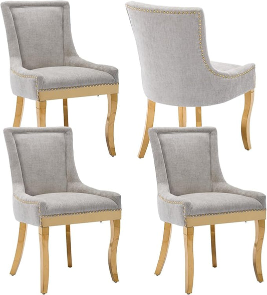 Luxury Fabirc Upholstered Dining Chairs Set of 4,Neutral Chenille Kitchen Room Chair with Nailhead Trim,4 Piece Modern Side Chairs for Dining Room,Living Room,Bar (Beige-Gold, Set of 4)