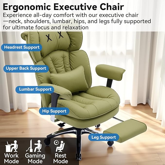 Efomao Big and Tall Office Chair 400lbs, Ergonomic High Back Executive Office Chair with Footrest, Wide Computer Desk Chair for Home Office, Comfortable PU Leather Heavy Duty Chair，Green