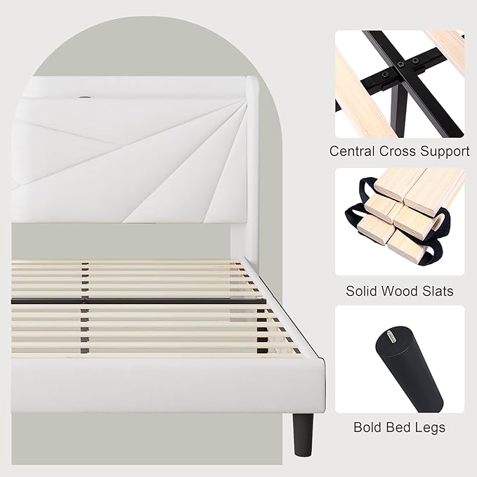 Feonase King Size Bed Frame with Charging Station, Upholstered Platform BedFrame with Wingback Storage Headboard, Solid Wood Slats Support, No Box Spring Needed, Noise Free, White