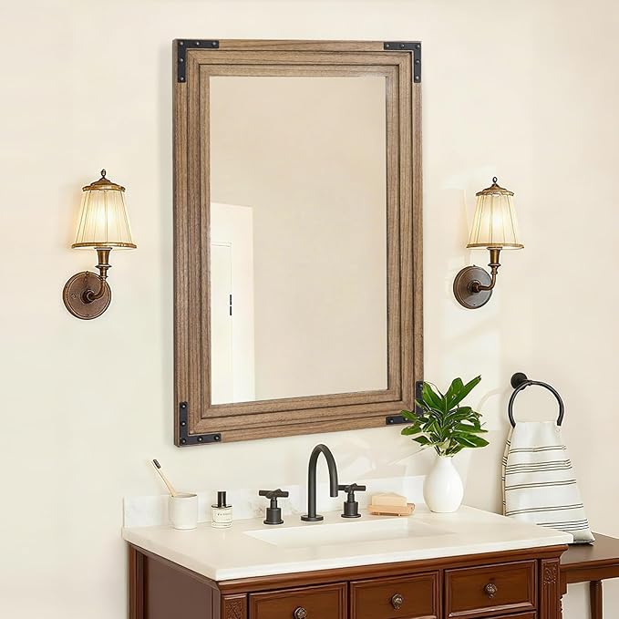Full Length Mirror 30"x20" Solid Wood Frame Floor Standing Mirror, Hanging or Leaning Wall-Mounted for Living Room, Bedroom, Oak Color
