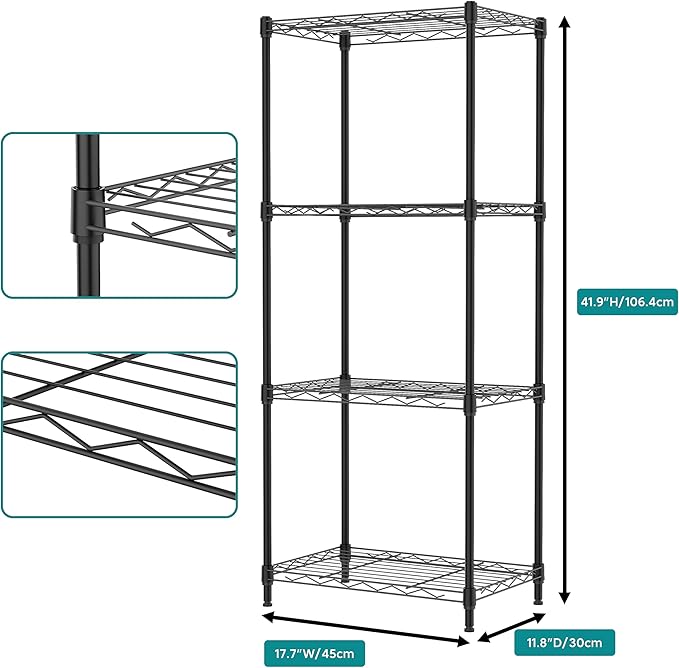 IZEUK 4 Tier Metal Wire Shelf Unit, Black Storage Rack Organizer for Kitchen, Bedroom, Living Room or Laundry Room, 17.7" W x 11.8" D x 41.9" H