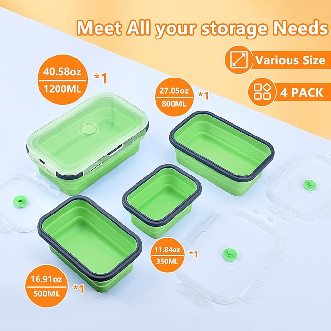 Collapsible Food Storage Containers with Lid & Air Vent, 4 Pack Rectangular Foldable Collapsible Storage Containers Sets, Travel Trailer Must Lunch Bowls for Camping, Microwave Freezer Dishwasher Safe