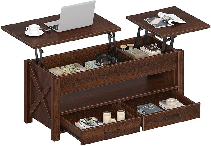 Seventable Coffee Table, 47.2" Lift Top Coffee Table with 2 Storage Drawers and Hidden Compartment, Farmhouse Center Table with Wooden Lift Tabletop, for Living Room,Espresso