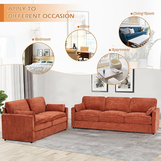 69” Chenille Loveseat Sofa w/Arm Pillows, Upholstered 2-Seater Sofa w/Comfortable Back Cushions, Modern 2 Seats Couch w/High-Density Foam for Living Room, Apartment, Office, Orange
