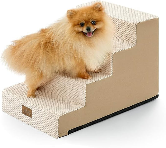 Slope Dog Stairs 15.7" H, Pet Steps for Couch Sofa Chair, Ramp for Small Dogs Puppy Cats Seniors with Removable Washable Cover, 4 Step, Beige