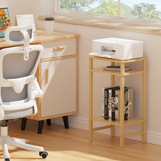 28in Tall Bamboo Side Table 3-Tier Small Narrow End Table, Skinny Nightstand for Small Space, Farmhouse Slim Night Stand with Storage for Couch, Wooden Thin Bedside Table, Natural