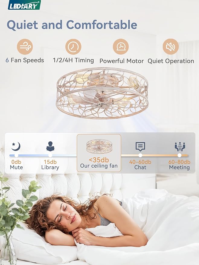 LEDIARY 23 Inch Caged Ceiling Fans with Lights, White Flush Mount Ceiling Fan with Remote, Large Low Profile Bladeless Ceiling Fan Light Fixture for Bedroom, Kitchen, Dining Room-White Gold Color