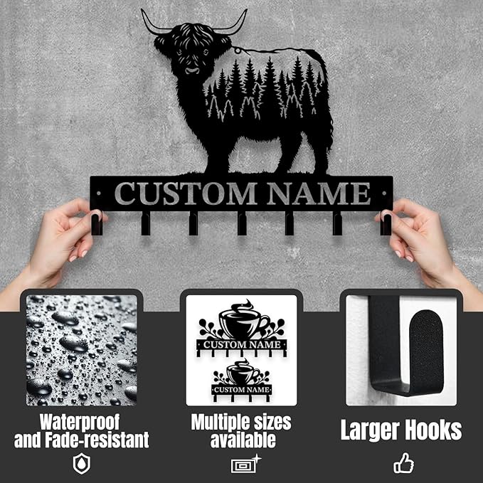 Personalized Highland Cow Metal Keys Hooks,Custom Name Metal Highland Cow Keys Hooks,Black Metal Highland Cow Wall Home Storage Decorative Keys Hooks,Key Holder Hooks for Wall (Style H)