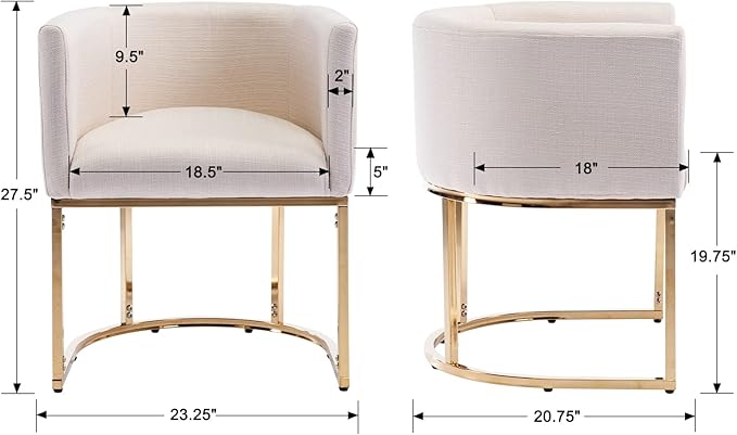 Linen Fabric Dining Chairs Set of 3 Modern Barrel Arm Chairs with Golden Frame, Upholstered Kitchen Chairs 18.5" Wide Accent Chairs for Living Room Dining Room Restaurant, Cream