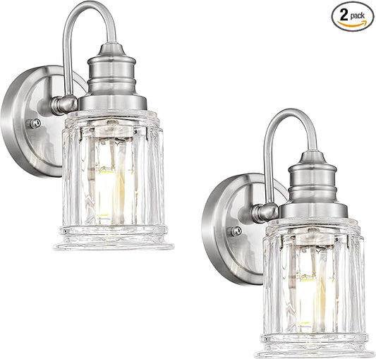 Bathroom Wall Sconces Brushed Nickel, HWH Modern Bathroom Vanity Wall Light Sconce Wall Lighting Set of 2, 1-Light Wall Sconce Bell-Shaped Fluted Glass, 5HZG106B-2 BN