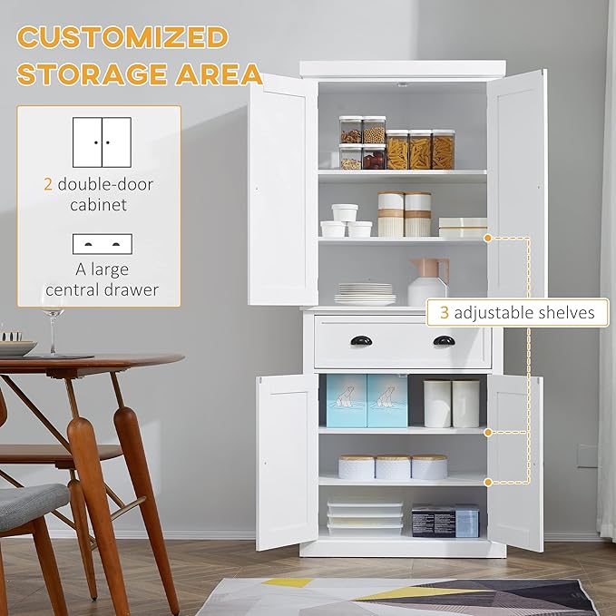 HOMCOM 72.5" Kitchen Pantry Cabinet, Traditional Freestanding Storage Cabinet with 4 Doors, Drawer and 3 Adjustable Shelves for Dining Room, White