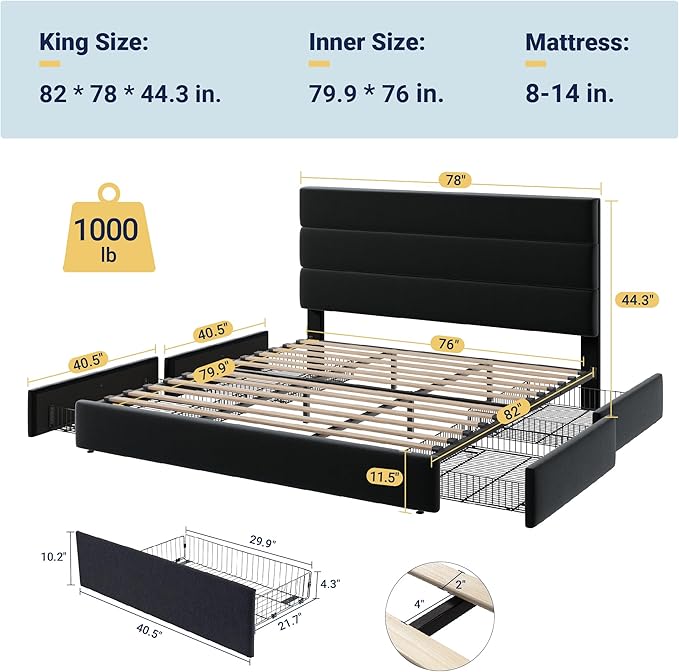 Allewie Modern King Size Platform Bed Frame with 4 Storage Drawers and Velvet Upholstered Headboard, Wooden Slats Support, Upholstered Mattress Foundation/No Box Spring Needed/Easy Assembly, Black