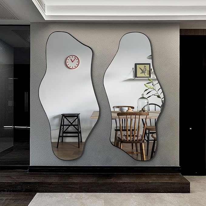 Irregular Mirror Full Length, 63"x29" Large Asymmetrical Wall Mirror for Dressing, Modern Black Metal Frame Abstract Wall Mirrors for Living Room Bathroom Bedroom Hallway Entryway