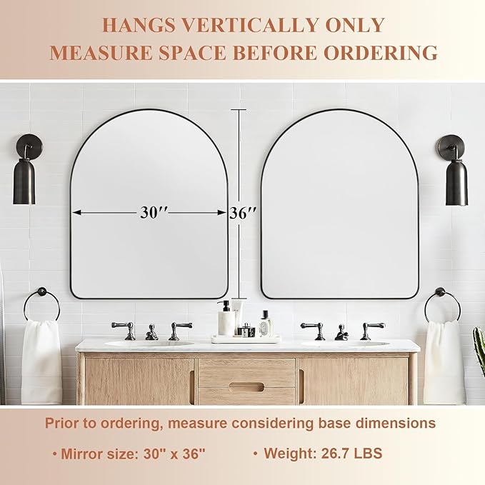 ANDY STAR Arched Mirror, 30 x 36 Inch Black Wall Mirror in Stainless Steel Metal Frame, Arch Top Rounded Corner 1 Inch Deep Set Design Wall Mount Hangs Vertical