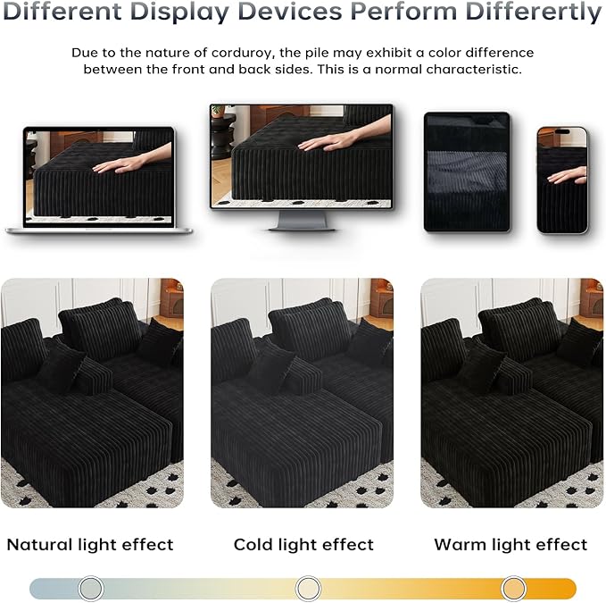 108" Sectional Couches for Living Room, Modular Sectional Sofa with L-Shape Chaise, Boneless Couch, Comfy Corduroy Fluffy Couch with Deep Seat and Side Pockets, No Assembly Required