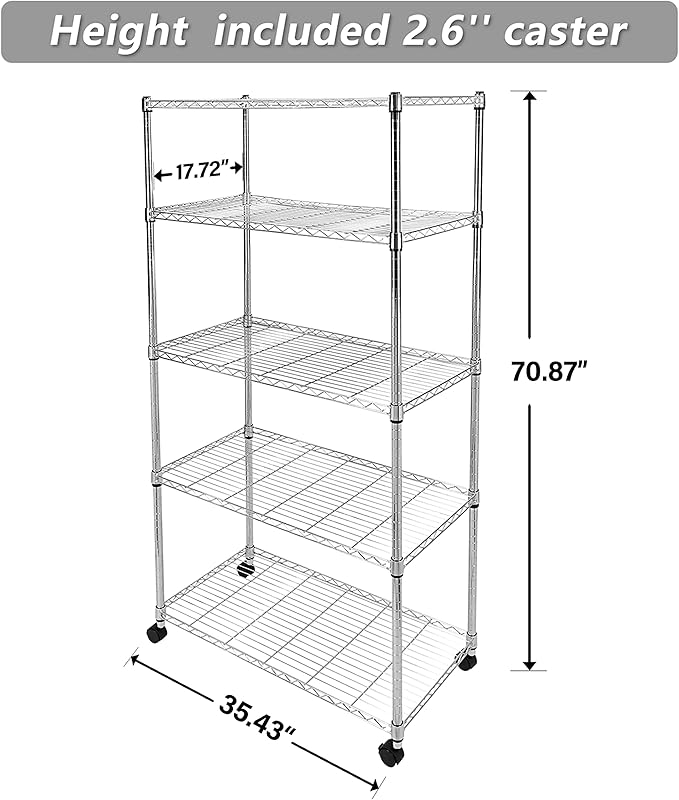 HealSmart Heavy Duty 5-Shelf Storage Shelves, 1750Lb Loading Capacity, 35.43" W x 17.72" D x 70.87" H Adjustable Shelving Unit with Wheels, Chrome