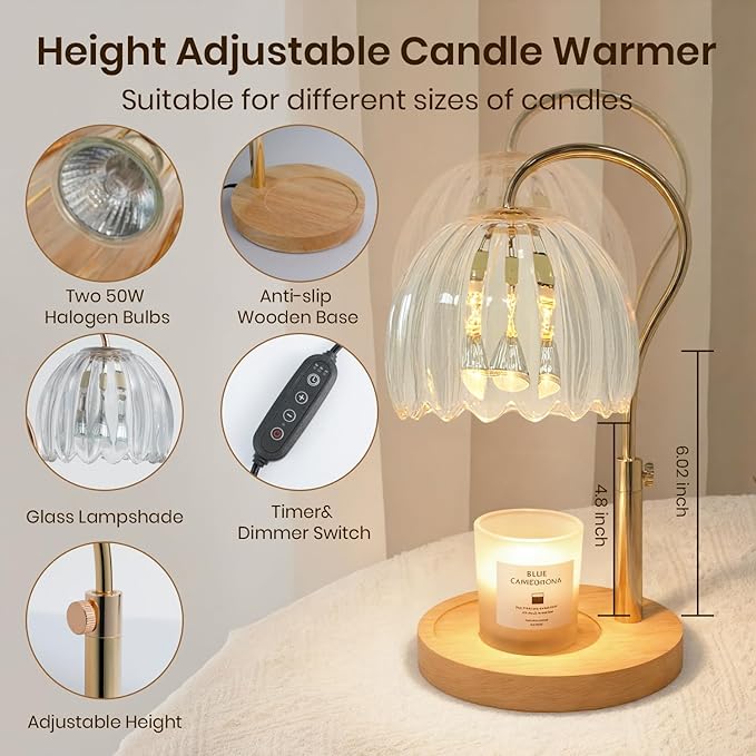 Candle Warmer Lamp with Timer & Dimmer, Height Adjustable Electric Candle Lamp Warmer for Scented Jar Candles with 2 Bulbs, Modern Home Decor Gifts for Women Mom