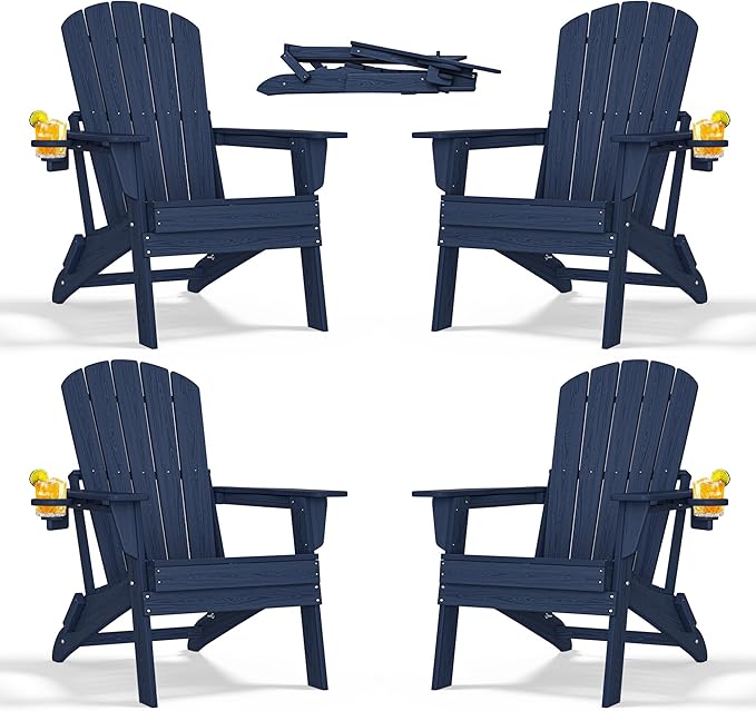 nevilywood Folding Adirondack Chair with Cup Holder Set of 4, HDPE Patio Chairs,All-Weather Outdoor Chairs for Backyard, Deck,Fire Pit-NavyBlue