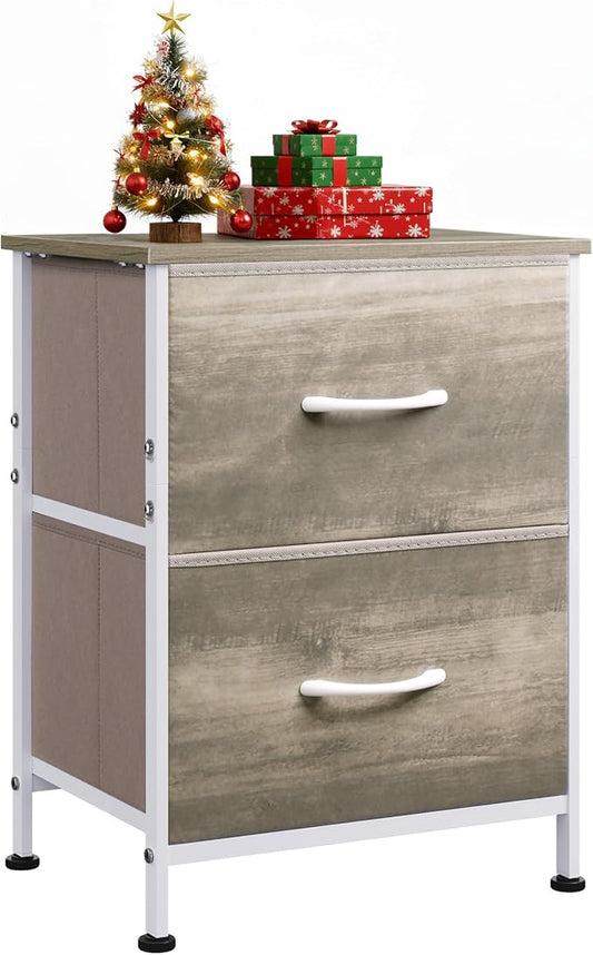WLIVE Nightstand, 2 Drawer Dresser for Bedroom, Small Dresser with 2 Drawers, Bedside Furniture, Night Stand, End Table with Fabric Bins for Bedroom, Closet, College Dorm, Greige Oak