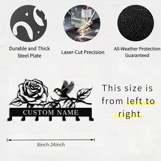 Custom Flower Bird Metal Wall Key Hanger,Personalized Key Hooks with Name,Key Rack Holder Wall Mount for Garden Yard Home,Housewarming Gift Flower