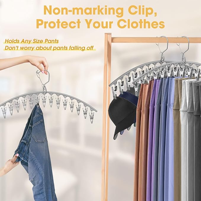 Upgrade Skirt Pants Hangers with Clips, Metal Legging Organizer for Closet with 15 Cilps Holds 60 Leggings/Shorts/Jeans/Skirts Pants Hangers Space Saving Closet Organizers and Storage, Grey 4Pack