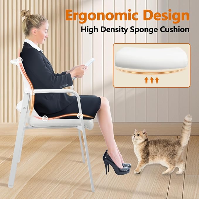 CLATINA Stacking Office Chairs | Mesh Back, Thicken Leather Seat and Streamline Arms, Ergonomic Lumber Support | Guest Reception, Waiting, Conference, School, Party, Customer, Side, Stationary, White