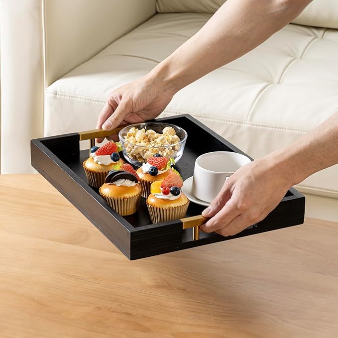 MyGift 15.5 Inch Decorative Ottoman Tray, Designer Vintage Black Solid Wood Serving Platter with Gold Tone Metal Handles, Coffee Table Kitchen Home Decor