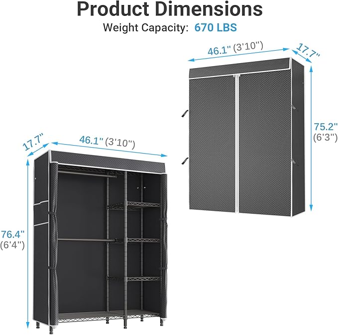 VIPEK V7C Garment Racks with Cover Portable Closets for Hanging Clothes, Heavy Duty Clothes Rack with Shelves Metal Closet Wardrobe, Max 670lbs, Black Rack with Black Upgraded Polyester Cover