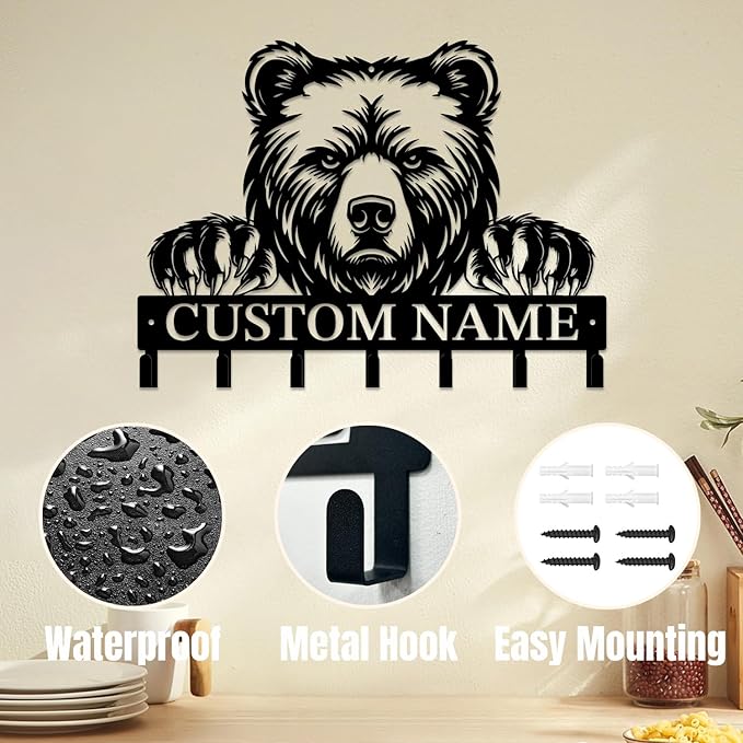 Personalized Custom Name Bear Key Wall Hooks,Metal Bear Keys Clothes Hooks,Metal Bear Wall Home Storage Decorative,For Front Door, Hallway, Kitchen, Bedroom,Keys,Hats (Style B)
