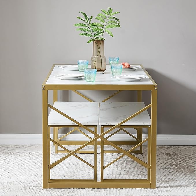 VECELO Kitchen Dining Table Benches Set for 4, 55" Wooden Dinette with 2 Benches, Heavy-Duty Dining Room Table for Small Space, Breakfast Nook, Gold