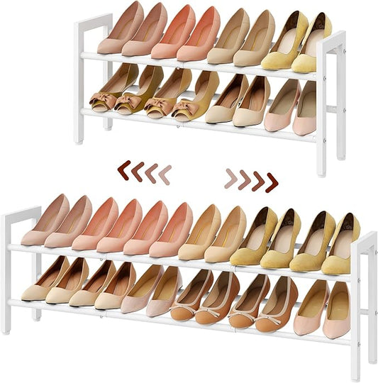 FAVOOSTY 2-Tier Expandable Shoe Rack, Adjustable Shoe Shelf Storage Organizer Space Saving Metal Free Standing Shoe Rack for Entryway Closet Doorway, White