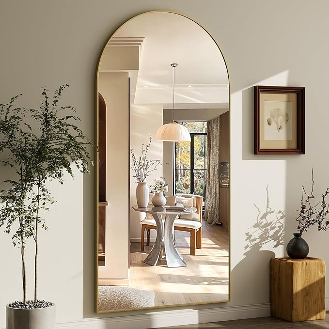 GLSLAND-30x71 inch Wall Mount Arched Full Length Mirror-Aluminum Alloy Frame High Definition-Full Body Mirror for Bedroom or Living Room,Gold