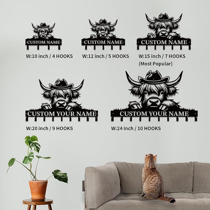 Personalized Highland Cow Metal Keys Hooks,Custom Name Metal Highland Cow Keys Hooks,Black Metal Highland Cow Wall Home Storage Decorative Keys Hooks,Key Holder Hooks for Wall (Style G)