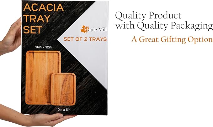 Acacia Rectangle Wooden Tray - 2 Sizes 16" X 12" and 10" X 6" - Food Safe Serving Tray - Large & Small Wooden Trays Combination - Durable Wood Display Tray for Coffee Party or Home Decor