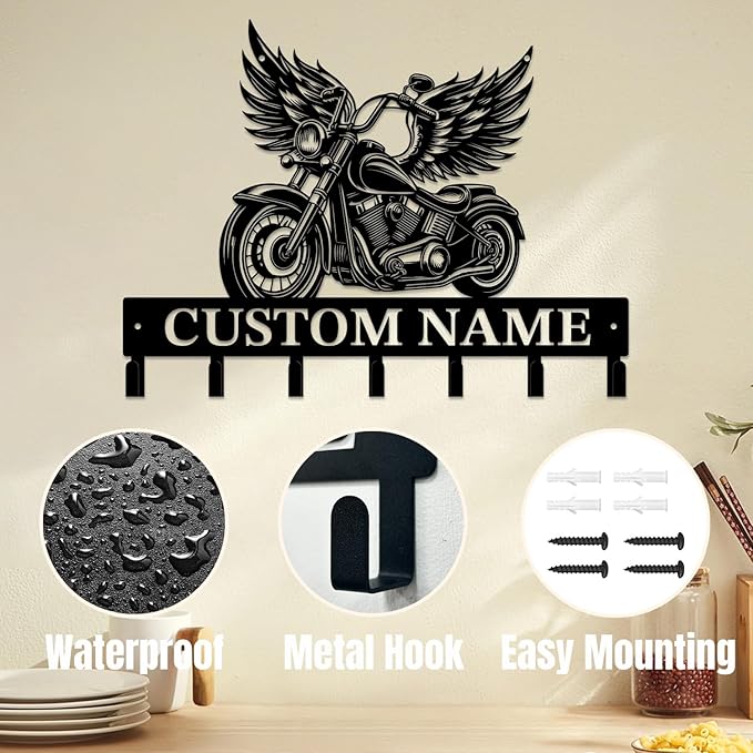 Personalized Custom Name Motorcycle Keys Hooks,Metal Motorcycle Art Clothes Keys Hooks,Metal Motorcycle Lover Wall Home Storage Decorative Keys Hooks,Key Holder Hooks for Wall (Style F)
