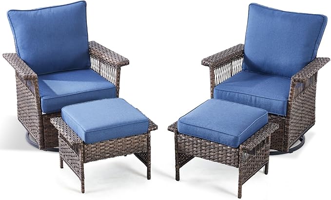 Outdoor Swivel Glider Chairs - 4 Pieces Hollow Widen Armrests Wicker Patio Furniture Set with Ottomans, High Back Outside Swivel Rocker for Balcony Porch Deck and Yard - Brown/Blue
