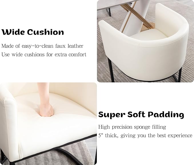 Faux Leather Dining Chairs Set of 3 Modern Barrel Arm Chairs with Black Metal Frame, Upholstered Kitchen Chairs 18.5" Wide Accent Chairs for Living Room Dining Room Restaurant, White