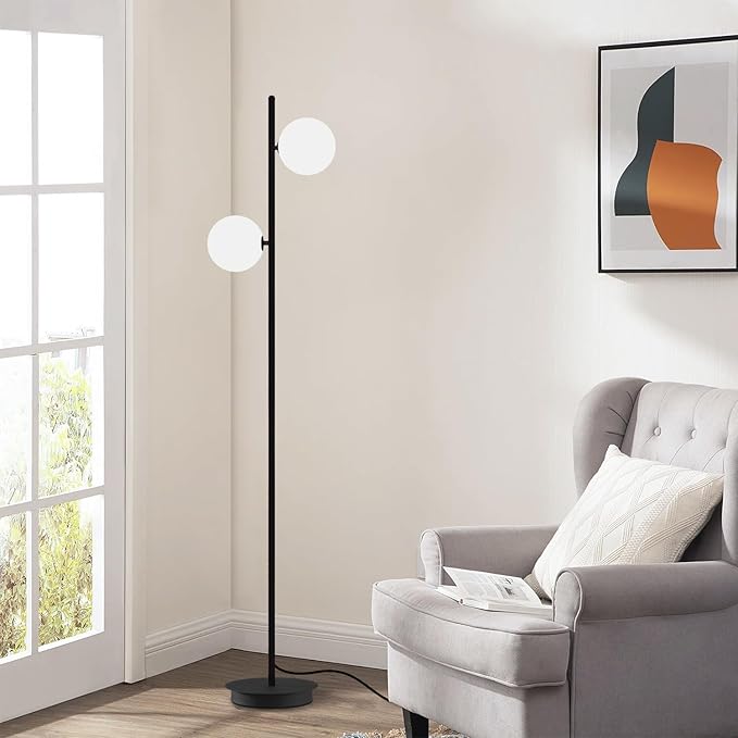 Black Floor Lamp 2-Light Modern White Frosted Glass Freestanding Lamp Mid Century Globe Floor Lamps for Vintage Standing Pole Lamp for Bedroom Living Room Hotel