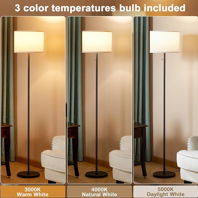Ambimall Modern Standing Floor Lamp for Living Room & Bedroom with 3 Color Temperatures Bulb & Pull Chain Switch, 60" Tall with Beige Shade & Black Pole