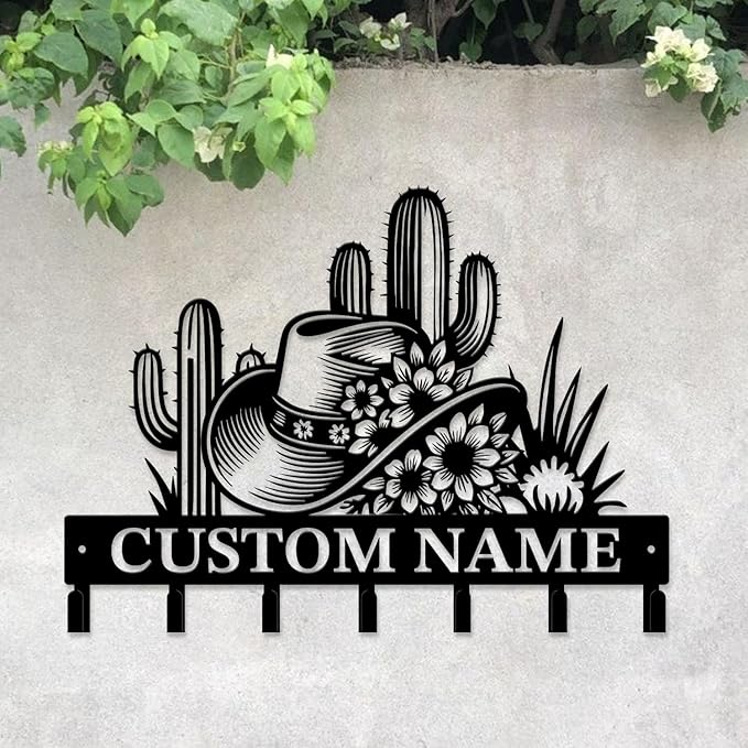 Custom Western Cowboy Metal Iron Key Hooks,Personalized Name & Text Engraving,Decor Wall Keys Holder for Home Entryway (Style A)