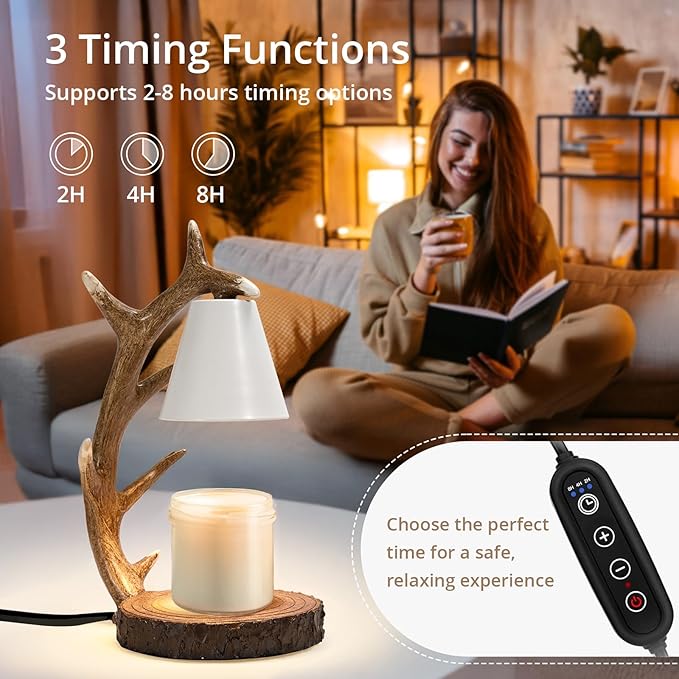Candle Lamps,Candle Warmer Lamp with Timer Dimmer for New Home Bedroom Decoration Handcrafted with Resin Reindeer Antler Design Desktop lamp，Hand-Painted Night Desk lamp Creative Birthday Gifts