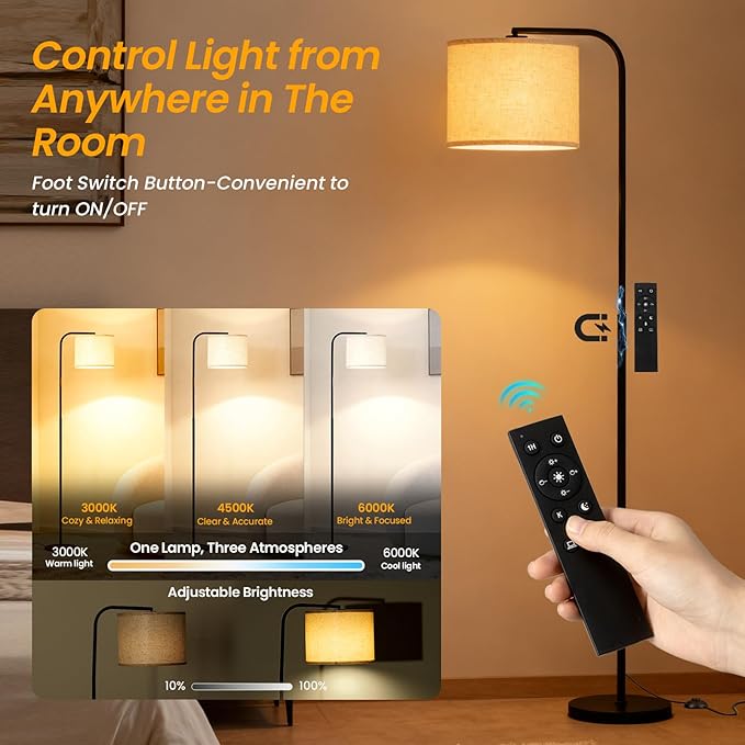 Remote Floor Lamp for Living Room and Bedroom - Modern Standing Lamps Tall with Led Blub and Dimmable Light - Black Arc Room Lights with Shade for Home Decor, Office, Corner and Reading