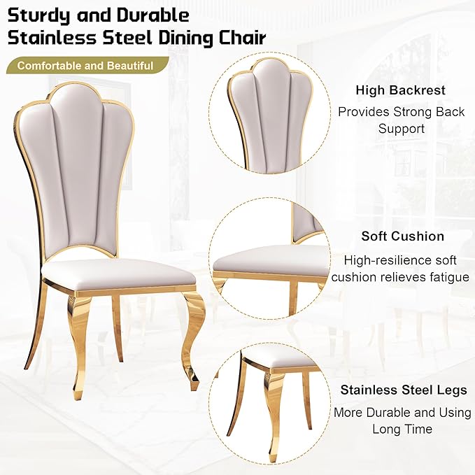 Dining Table Set for 6, 7-Piece Kitchen Table Chairs Set, Modern Dining Room Set with 70'' Marble Dinner Table and 6 Petaloid Backrest Upholstered Chairs for Kitchen, White & Gold