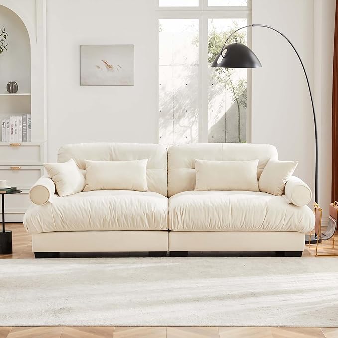 93.7” Loveseat Sofa, 2 Seater Modular Sectional Sofa, Beige White Large Sectional Couches for Living Room, Fluffy Couch Set, Love Seat, Velvet Cloud Couch with 4 Pillows, Deep Seat for Living Room