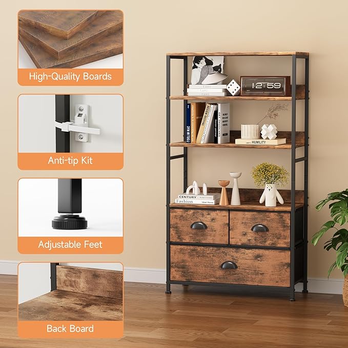 6 Tier Bookshelf, 47-Inch Small Bookcase with 3 Fabric Storage Drawers, Wood and Metal Book Shelf Storage Organizer, Industrial Display Standing Shelf Unit for Bedroom, Living Room, Rustic Brown