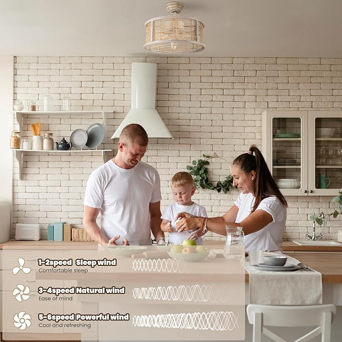 hummingbird 20 Inch Rattan Caged Ceiling Fan with Light, Boho White Fandelier Ceiling Fan with Lights and Remote, Enclosed 6 Speed for Bedroom Kitchen Dining Room