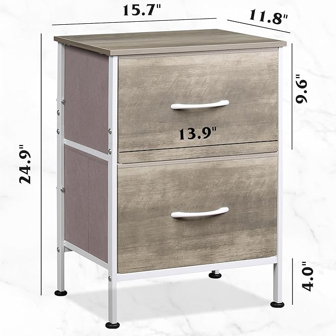 WLIVE Night Stand, Greige Nightstand with 2 Fabric Drawers, Small Dresser for Bedroom, Bedside Table End Table with Storage Drawer, College Dorm, Dormitory, Greige Oak, Size L