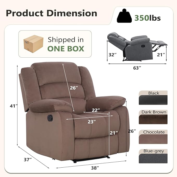 ANJ Fabric Recliner Chair Set of 2, with Overstuffed Arm and Back, Comfy Chocolate Manual Reclining Chairs for Adults, Living Room Single Sofa Recliners